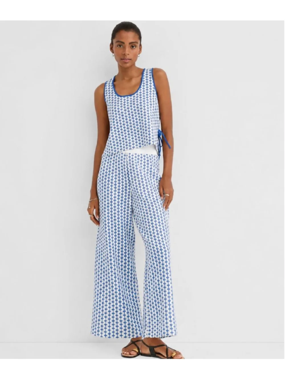 LOFT Beach Ann Taylor Geo Crochet Blue/White Wide Leg Pants NWT XS - Picture 1 of 5